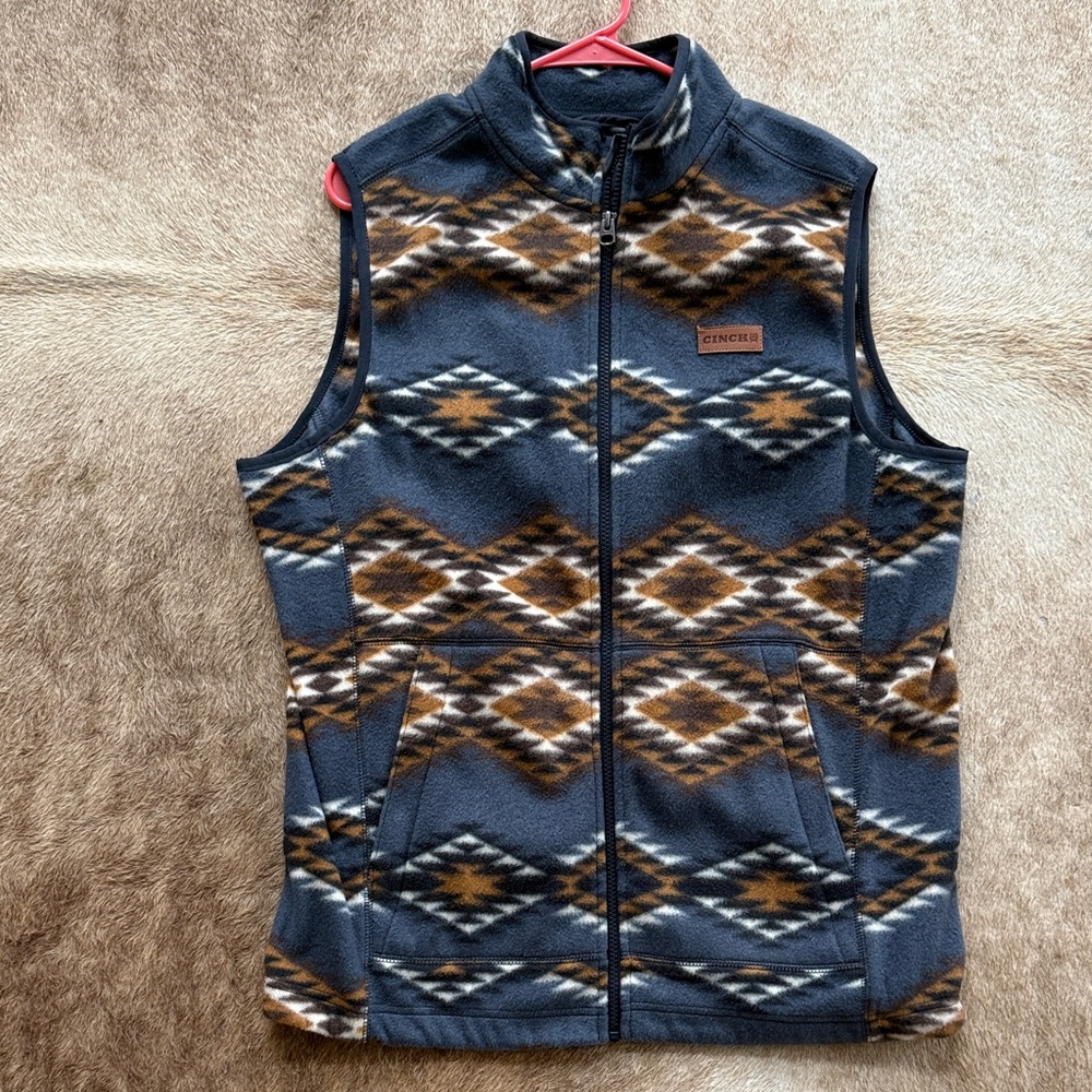 NWT Cinch Men's Zip Up Sweater Vest with Blue and Brown Pattern